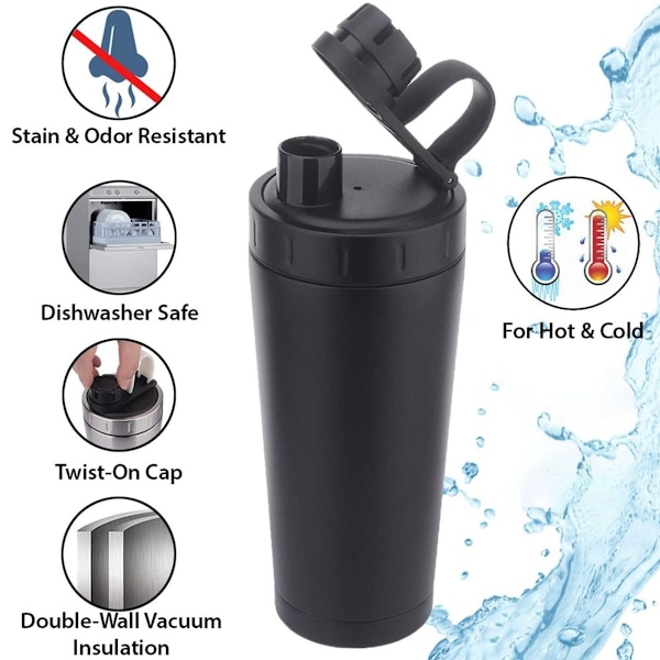 Rustfrit Protein Shaker Flaske i Rustfrit Stål Isoleret til at Holde Varmt/Koldt Sort