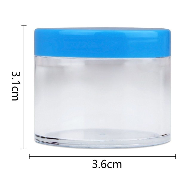 Round, clear, leak-proof plastic containers with blue lids, blue