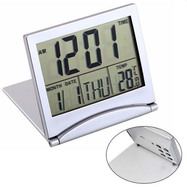 Bærbart, foldbart digitalt rejsetemperatur-vækkeur med LCD-display