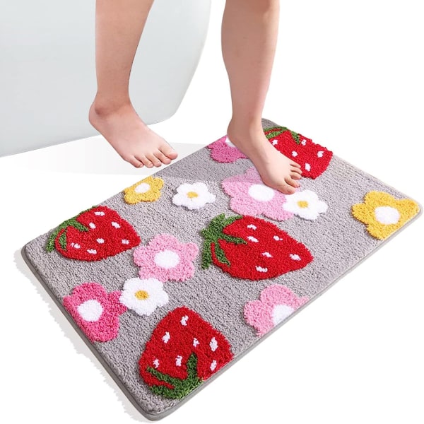 (Grå, 50X80CM) Badematte Sklisikker Absorberende Vaskbar Dørmåtte Dusjmatte Jordbær Flokket Teppe for Soverom Bad Hjemmedekor