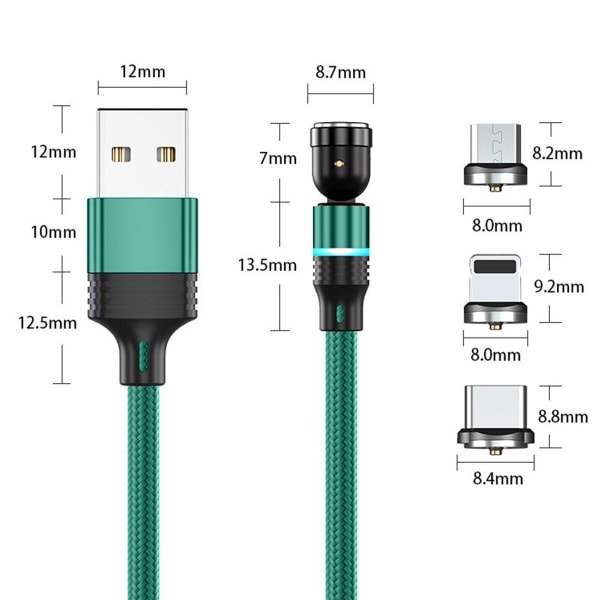 3 kappaleen magneettinen USB-latauskaapeli - Kestävä punottu nailonvihreä