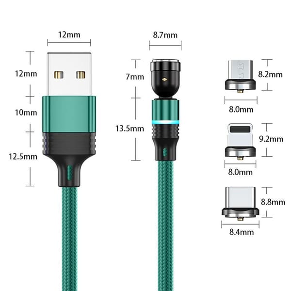 3-pack magnetiska USB-laddningskablar - Hållbar flätad nylon grön