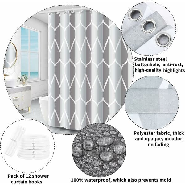 Dusjforheng, vaskbart, antibakterielt, antimugg, vanntett, polyester med 12 ringer (grå, B 150 x H 200 cm) KLB