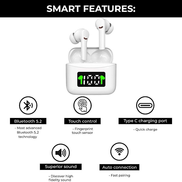 Aidosti langattomat nappikuulokkeet aktiivisella melunvaimennuksella, Bluetooth, valkoinen