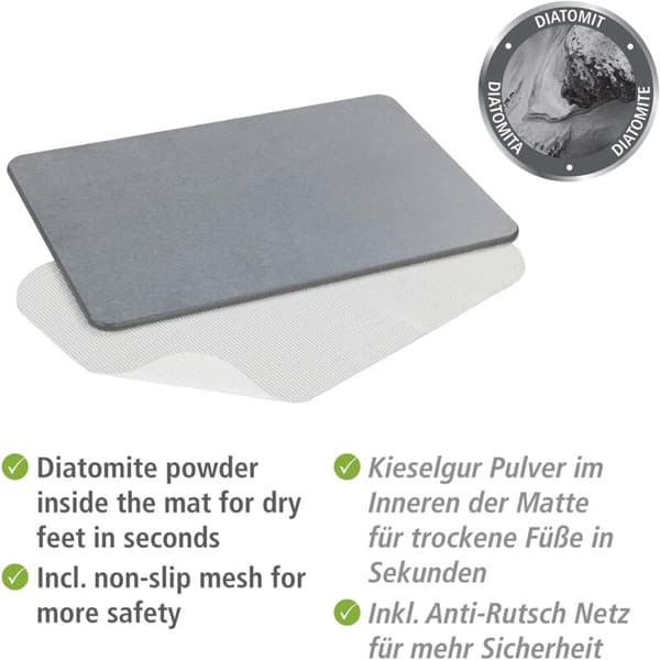 Diatomit bademåtte, ideel til de mindste badeværelser, solid bademåtte, antiseptisk, 60x39 cm, Simi, Gris KLB