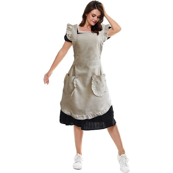 Justerbart retro-volangförkläde med fickor, storlek S till plus size, beige