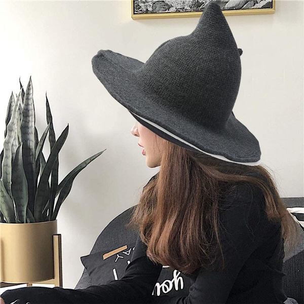 Kvinde Halloween Heksehat Uld Hat Bred Skygge Spire Strikket Stil 1