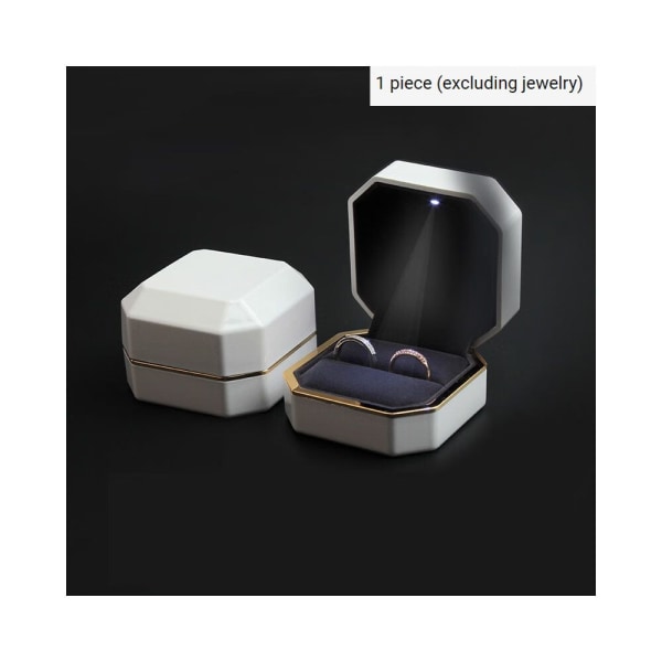 Yksi (valkoinen, noin 7,5 * 7,5 * 5,1 cm) ylellinen sormuslaatikko, neliömäinen samettikorulaatikko LED-valolla kihloihin, häihin