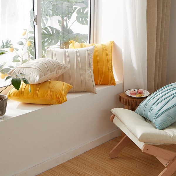 Set med 2 kuddfodral tredimensionella geometriska ränder sammet dekorativt örngott hem vardagsrum soffa sovrum (45x45cm,Beige) KLB