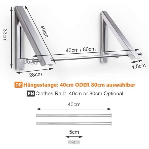 Kleslufter, sammenleggbar veggmontert kleslufter med 40 cm lang stang, med krok, stropp