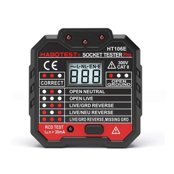 Sokkeltester med RCD-test og LCD-spenningsdisplay,