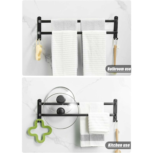 Veggmontert håndkleholder for bad, matt sort selvklebende håndkleholder, ikke-oksiderende, ikke-perforert aluminiumlegering håndkleholder (doble stenger) KLB