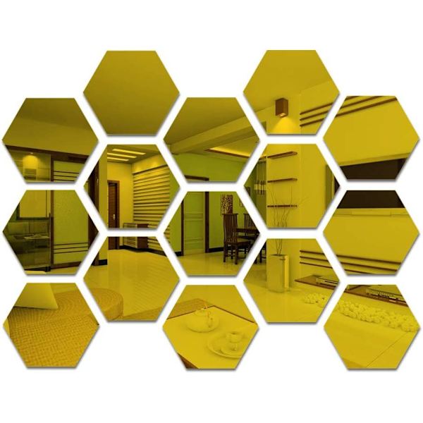 15 st guld hexagon akryl väggspegel set (9 cm/guld) väggdekor estetisk självhäftande spegelplattor för sovrum vardagsrum