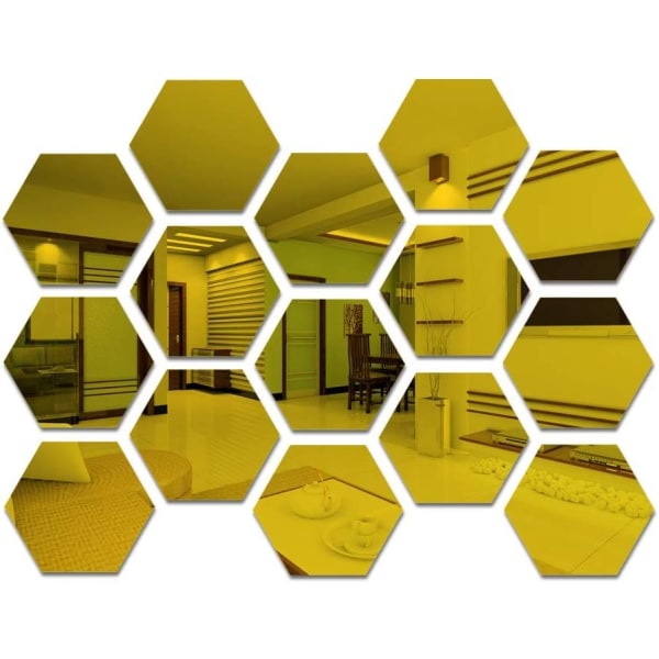 15 st Guld Hexagon Akryl Väggspegel Set(9cm/Guld) Väggdekor Estetiska självhäftande spegelplattor för sovrum Vardagsrum