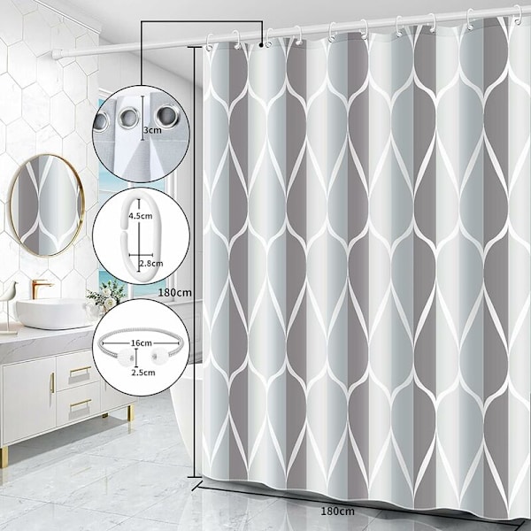 Bruseforhæng, vaskbart, antibakterielt, skimmelbestandigt, vandtæt, polyester med 12 ringe (grå, B 260 x H 200 cm) KLB