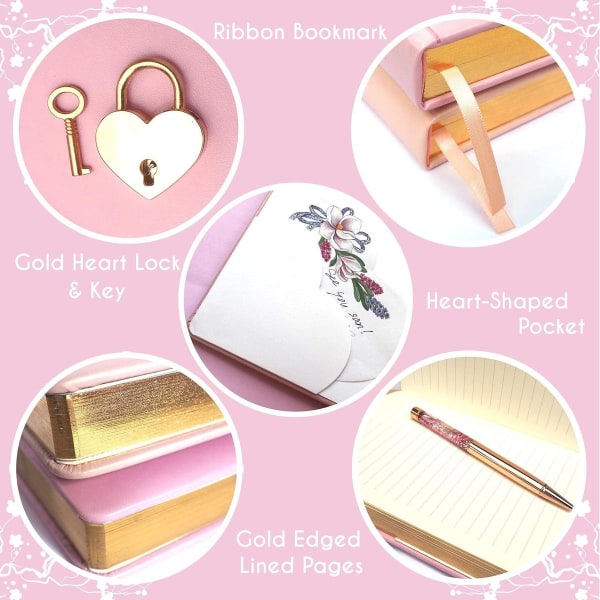 Lukket dagbok, Girls Cute Notebook PU Heart Lock Notebook, KLB
