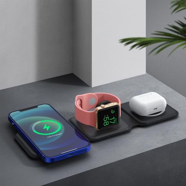 Trådløs opladningsplade til iPhone foldbar, kompakt 3 i 1 sort