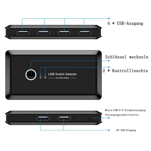 USB-svitsj - 2 inn 4 ut for PC-deler - Svart, 480 Mbps - Windows, Mac, Linux