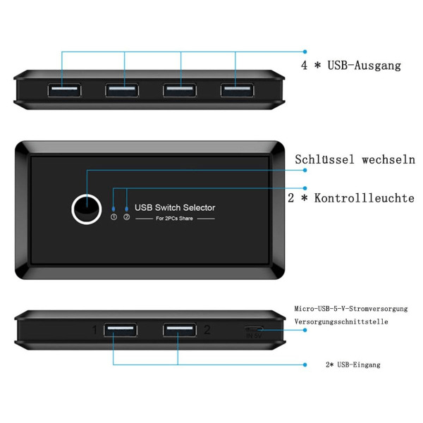 USB-switch - 2 IN 4 ut för PC-delar - Svart, 480 Mbps - Windows, Mac, Linux