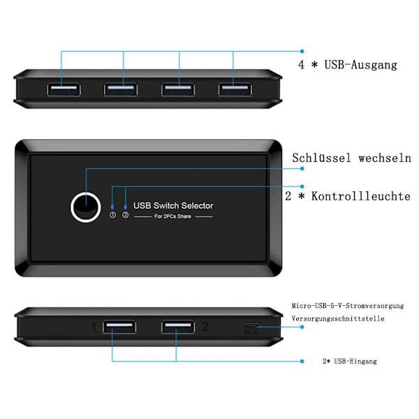 USB-switch - 2 ind 4 ud til pc-dele - sort, 480 Mbps - Windows, Mac, Linux