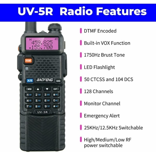 UV-5R 5W Walkie Talkie med 3800mAH batteri, høy effekt FM-radio, dobbeltbånd 128 kanaler kommunikasjonssenderradio KLB