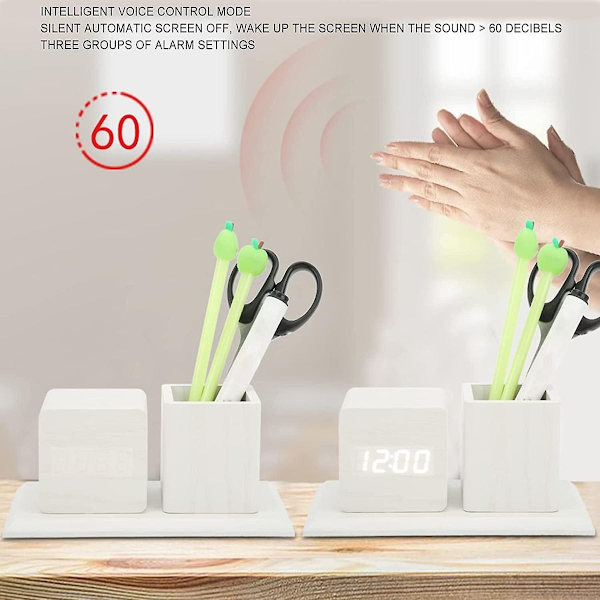 Kreativ LED-väckarklocka med träpennhållare: Elektronisk klocka i modern design