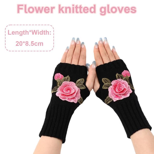 Vinter Fingerless Handsker Halv Finger Handske Sort + Pink Blomst KLB