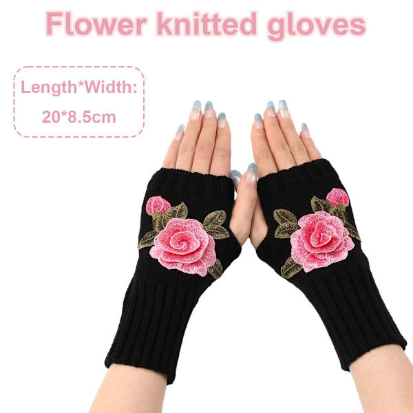 Vinterhandskar utan fingrar Halvfingerhandske Svart + Rosa blomma KLB