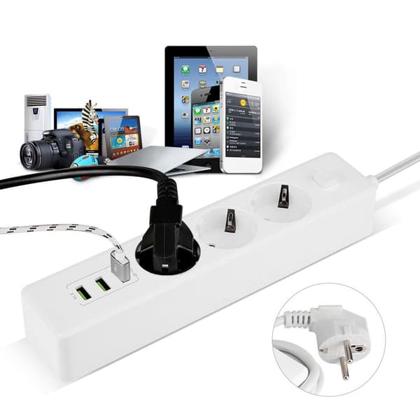 Smart USB-strømskinne med EU-plugg, 3 porter og 3 stikkontakter KLB