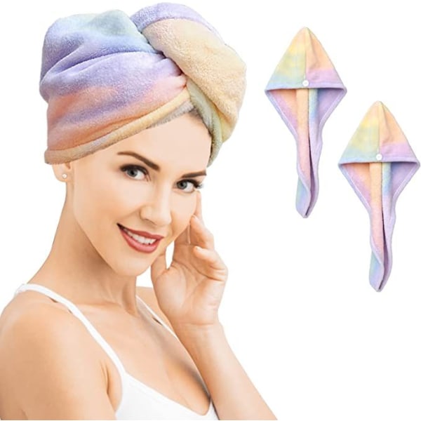 2 pakker mikrofiberhåndklæder, farverig superabsorberende hårhætte med knaptørt hårhætte, velegnet til kvinder og piger