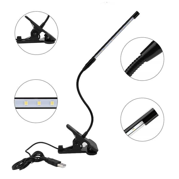 Dæmpbar USB Sengelampe med 10 LED'er Fleksibel Klipsholder (Sort) KLB