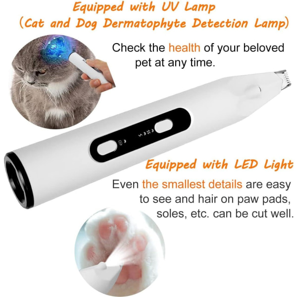 Hundklippare, Kattklippare, Hundrakapparat, Tyst, USB uppladdningsbar, Med LED-ljus & UV-lampa, Hår-/hår-/tassklippare/rakapparat för hund, katt, husdjur Tass, öra, öga, ansikte