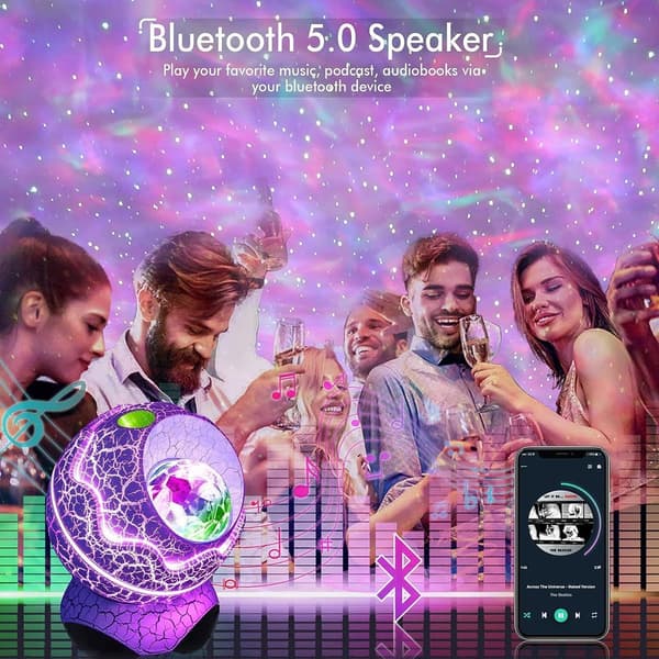 Stjerneprojektor for soverom, fjernkontroll og Bluetooth-høyttaler