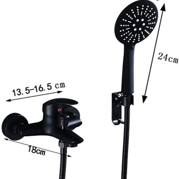 Badekarhane, sort brusehanearmatur med håndbruser, synlig brusearmatur