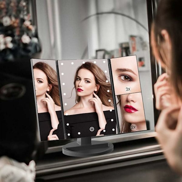 Makeup spejl med 22 LED-lys, dobbelt strømforsyning 2X/3X LED-belyste forstørrelsesspejle (sort) KLB