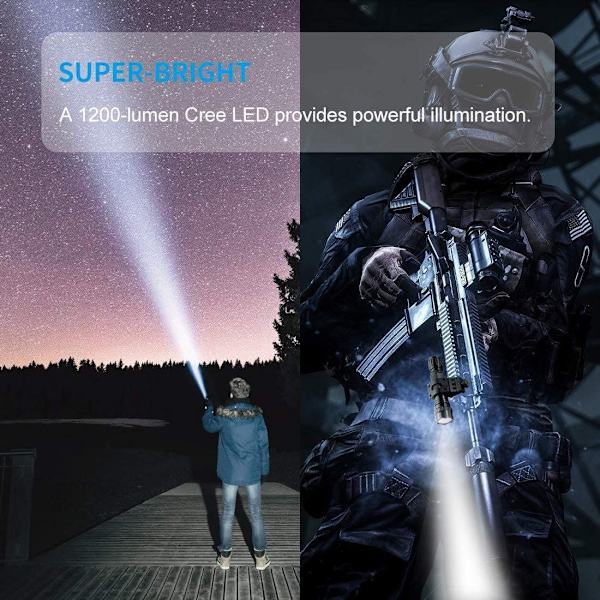 Taktiikka LED-taskulamppu, korkea lumeniteho, vedenkestävä, rannehihnakytkimellä, 1 ladattava akku ja laturi metsästykseen ja leirintään