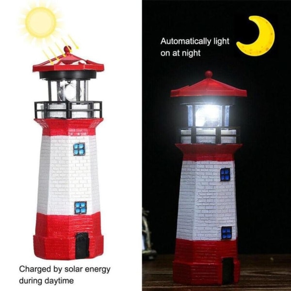 Udendørs havedekoration Solar Lighthouse Resin LED roterende lys (rød og hvid)