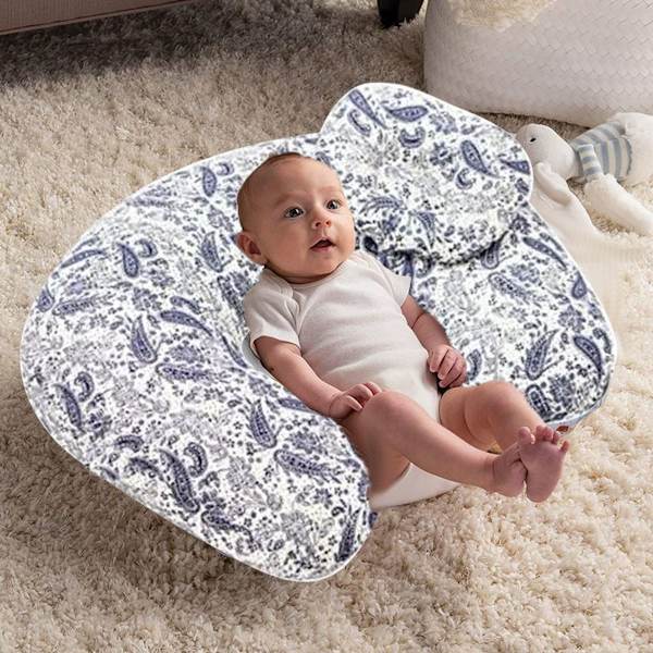 Amning, flaskmatning, baby support | med marinblå fjäderblad KLB