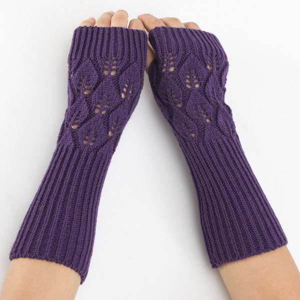 Dam handskar stickade jacquard blad cykling varma öppna fingrar halv fingrar typi lila KLB