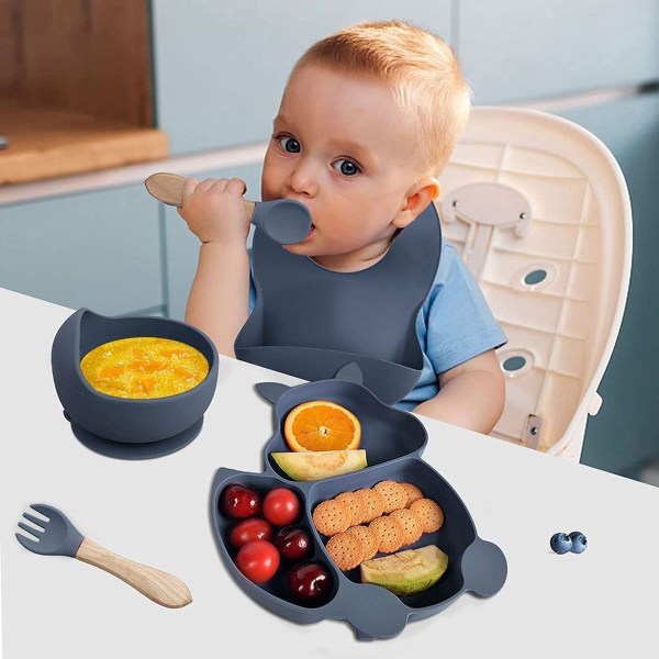 Børnetallerken baby tallerken silikone småbørn tallerken, gaffel,