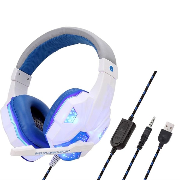 RGB gaming headset med stereo surround sound, PS4 hvid-blå