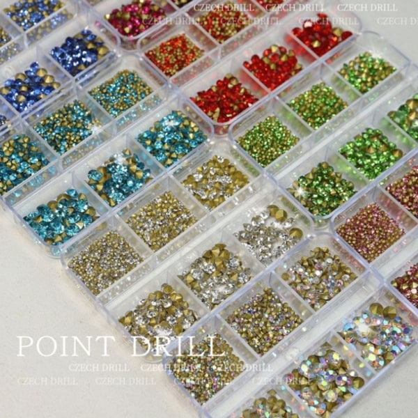 2 sett manikyr diamantspiker ornamenter med 6 rutenett, 10 farger