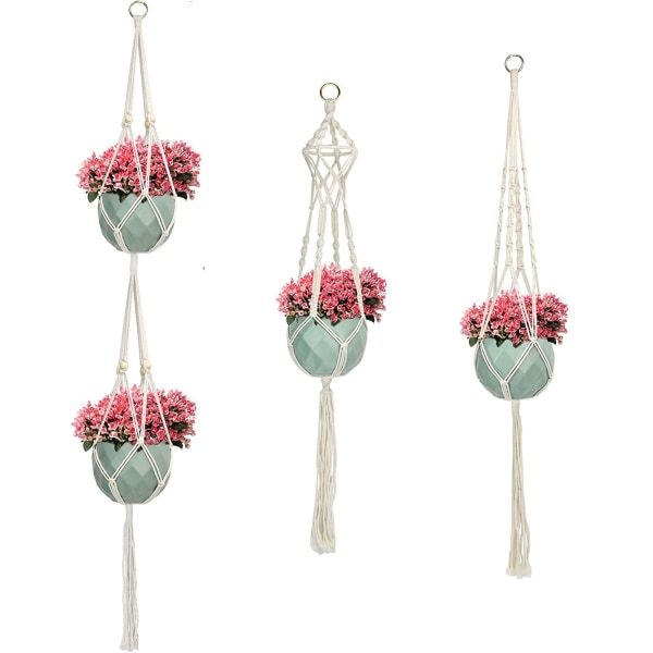 Macramé-kasviruukku, Macramé-kasviruukun ripustin, Macramé-riippuva ruukku 3 kpl koukuilla sisä- ja ulkokäyttöön, Käytä katto-/parveke-/seinäkoristeluun (3 kpl)