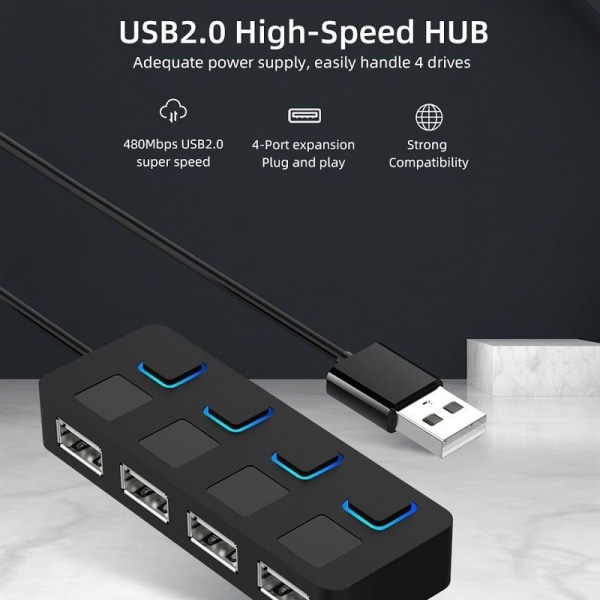 4-porters USB 2.0 datahub med individuelle LED-belyste strømknapper