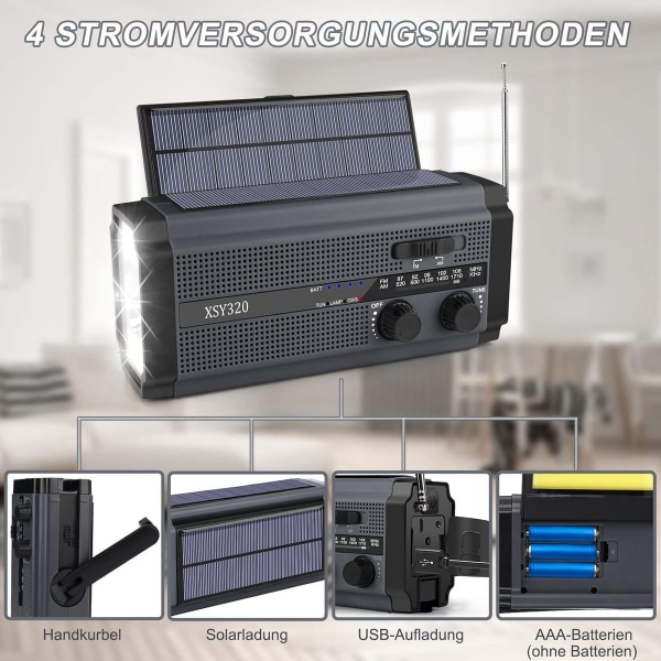 Milfech Solar Radio, AM/FM krankradio, bærbar nødradio med 5000 mAh