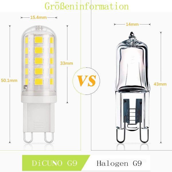 DiCUNO G9 LED-lampa kall vit 6000 K, LED-lampa 3 W motsvarande 30 W - 40 W KLB