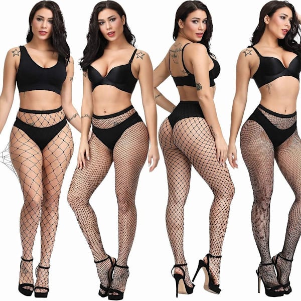 Plus size fisknätstrumpor, svarta fisknätsstrumpbyxor lår beige KLB