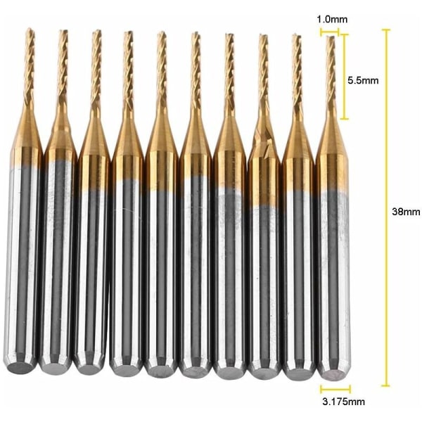 10 kpl volframikarbideista päätymyllyä titaani pinnoite jyrsintä kaiverrus terät pyörivä poranterä sarja 3.175mmx1mm KLB