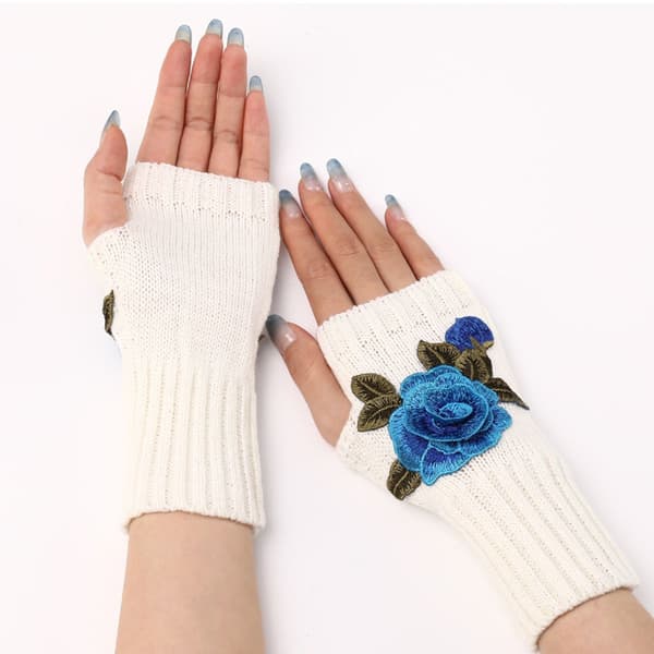 Vinterfingerlösa Vantar Halvfinger Vante Vit + Blå Blomma KLB