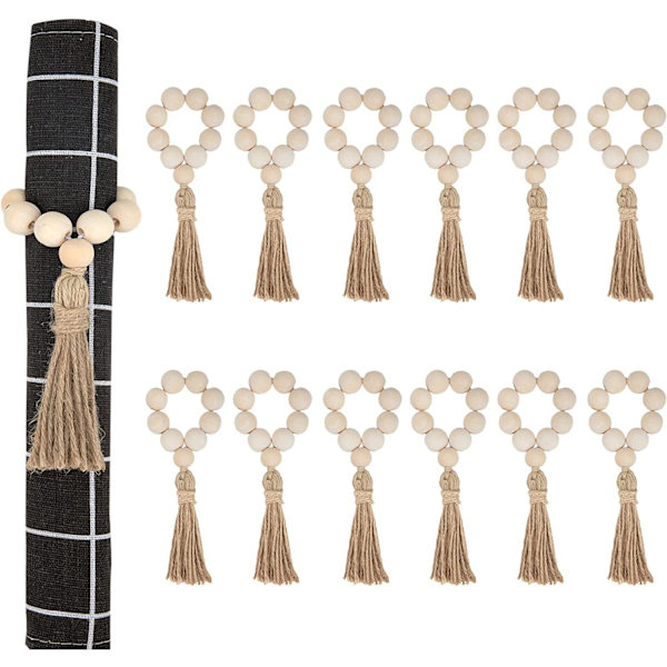 Servettringar Set om 12, Handgjorda Gårdshus Träpärla Servettring med Rep Tassel för Matsalsbordsdekoration, Fest, Bröllop, Familjesammankomster (Gul)